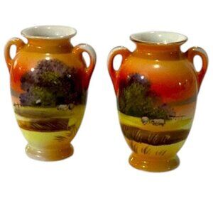 Vintage Pair of Noritake Hand Painted Handled Vases 3.25" High Made in Japan